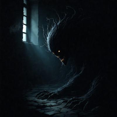 The primary subject of the image is a monster or a demon-like creature, with long hair and a menacing appearance. It is standing in a dark room, possibly a dungeon or a cell, with a window nearby. The setting is a dimly lit environment, and the visual style is a black and white illustration or drawing. The dominant colors are black and white, and the overall atmosphere is eerie and mysterious.